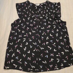 Reitman's Black Button Up Blouse w/ Bird Print, Pintuck & Flutter Sleeve Size L